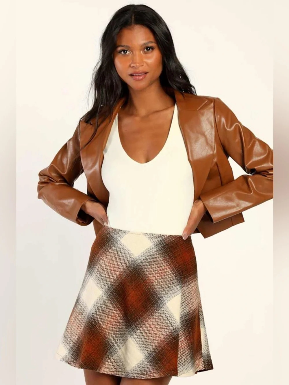 Lulus Plaid You Asked Ivory and Brown Plaid Skater Mini Skirt - Picture 3 of 10